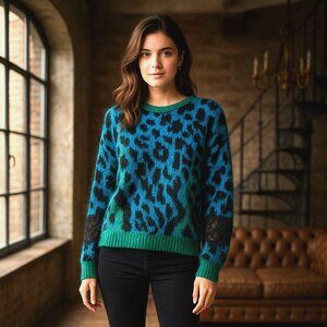 Siste’s Italy Mohair Animal Print Lace Sleeve Sweater Blue Green M NWT